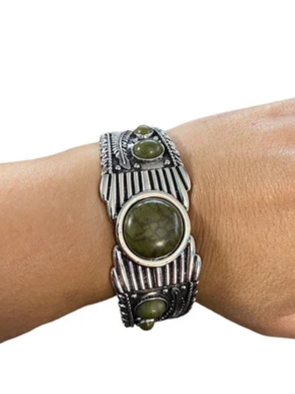 New! Vintage Inspired Cuff Mesquite Mesa Green Bracelet‎ Western Boho Feather